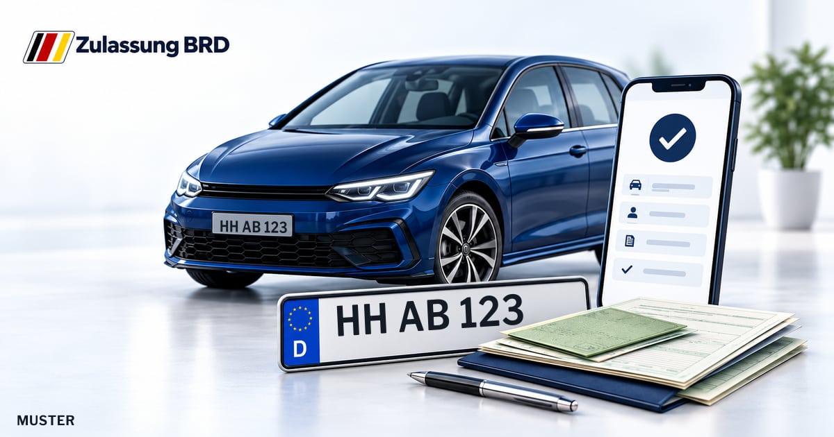 Online Fahrzeugzulassung in Hamburg: Musterkennzeichen HH AB 123, Auto und Fahrzeugpapiere und Smartphone. Illustration mit Logo von Zulassung BRD.